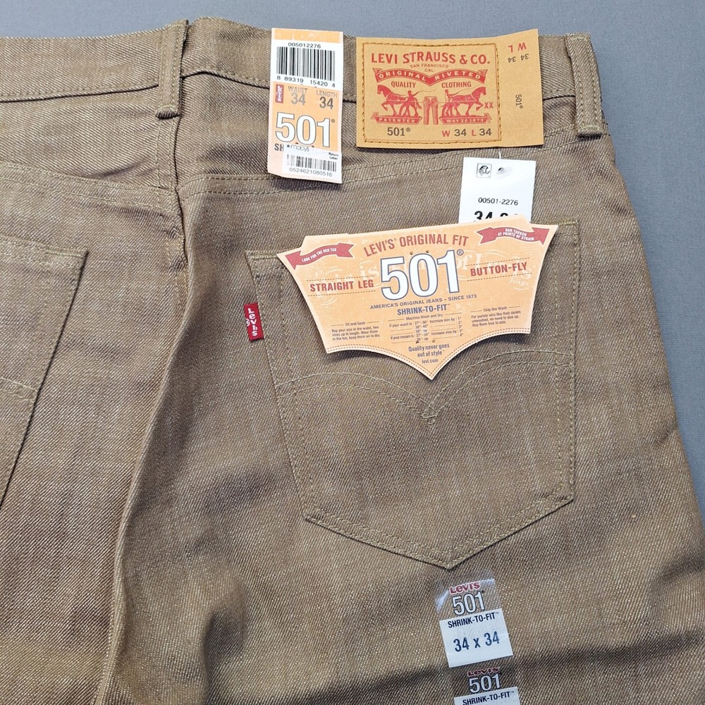 Levis 501 Original Fit White Oak Cone Denim Khaki Tan Jeans 34x34 NEW